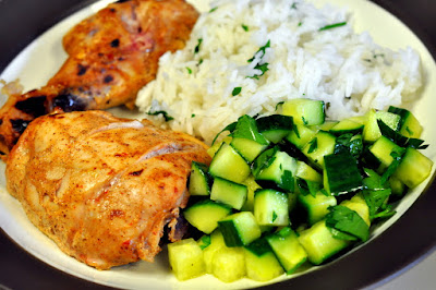 Pomegranate-Yogurt Chicken with Basmati Rice and Cucumber Relish from Plated | Taste As You Go