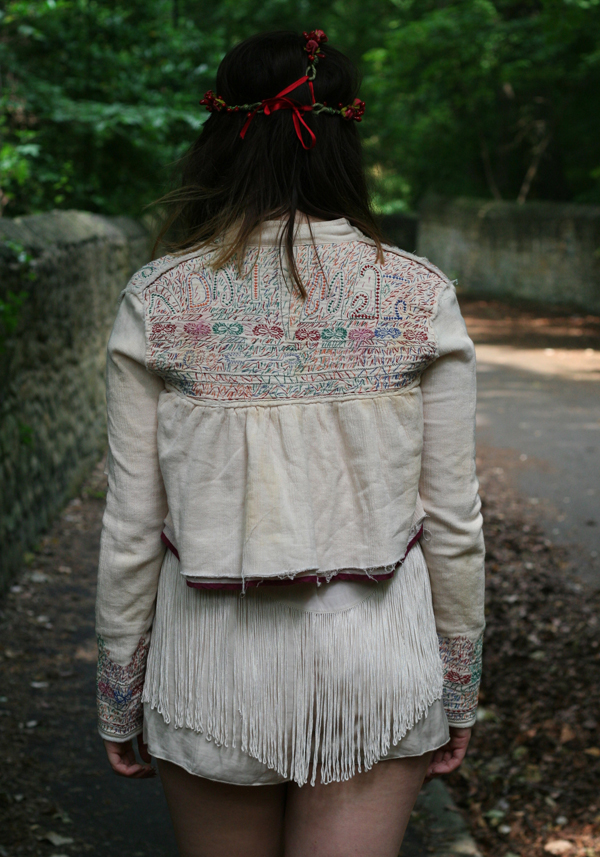 afghan jacket, all saints jacket, hippy, hippie, bohemian, tassel, native american, flower, rose, head chain, flower headwear, traditional afghan jacket, wooden heels, fashion, style, uk fashion, fashion blogger