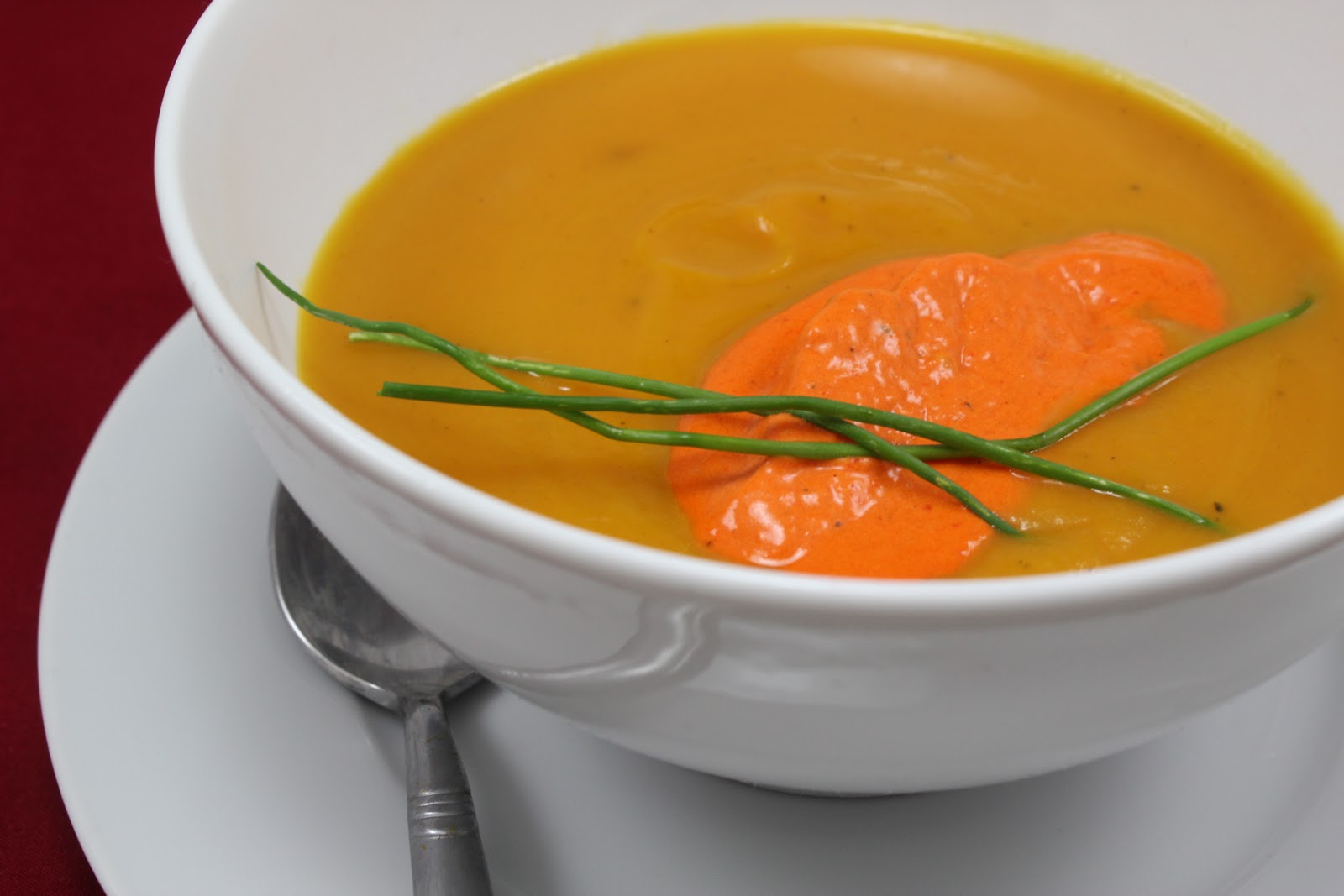 Thyme In Our Kitchen Pumpkin Soup with Red Pepper Mousse