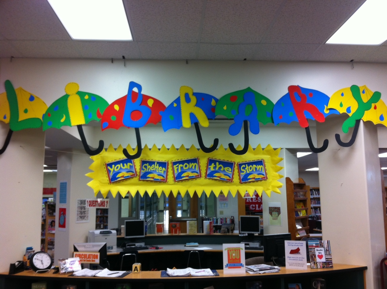 No Shhing Here: April Displays: The Library - Your Shelter From The Storm!