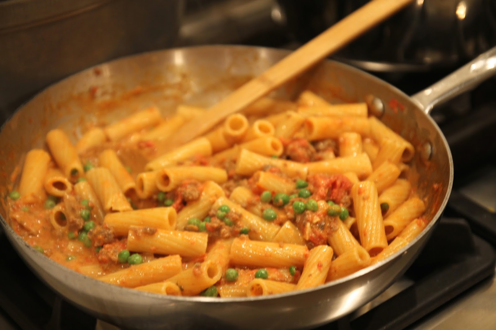 Jenny Steffens Hobick Leftovers Bolognese with Rigatoni, Cream, Peas & Parmesan