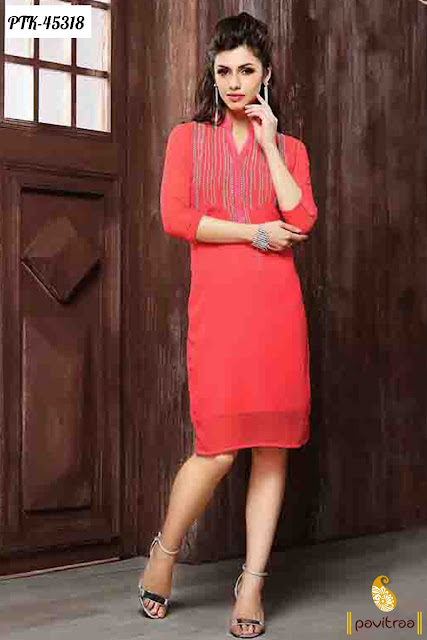 Purchase rust georgette embroidery kurti online at cheapest price