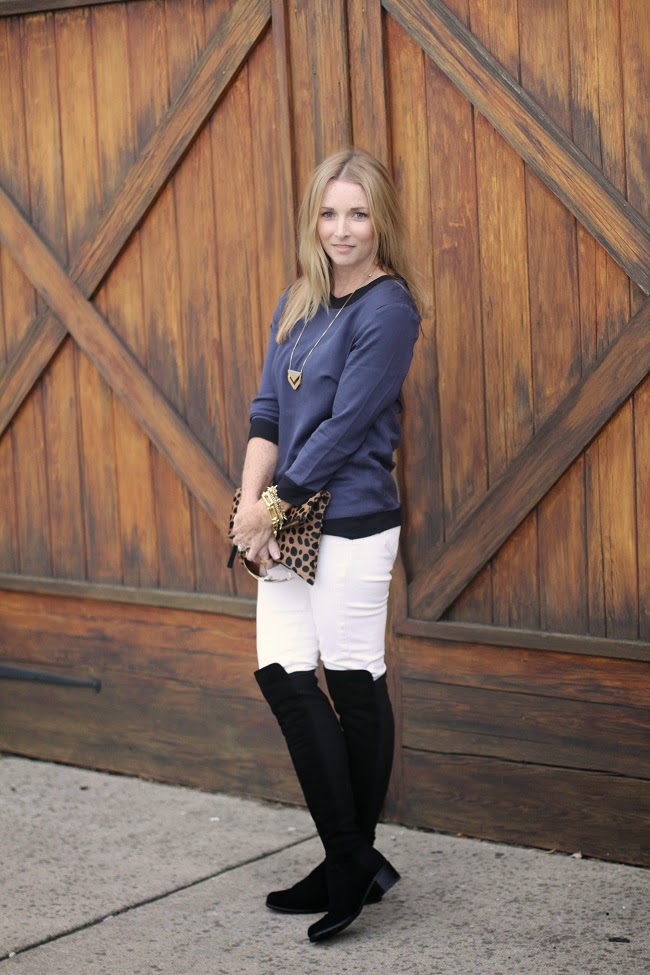 pim and larkin shirt, jcrew jeans, stuart weitzman over the knee boots, clare v leopard clutch, madewell necklace