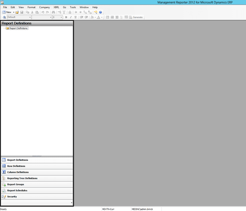 Missing Report Definitions in Management Reporter Screenshot of Empty Report Definitions in Management Reporter
