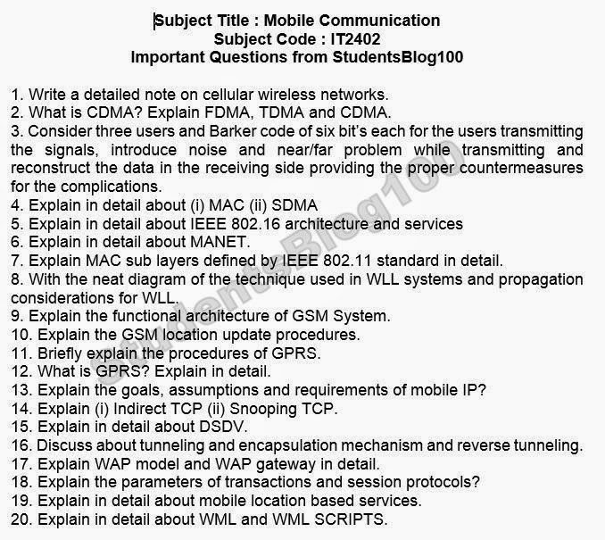 IT2402 Mobile Communication MC Important question for 7th semester IT IT2402 Mobile Communication MC Important question for 7th semester IT