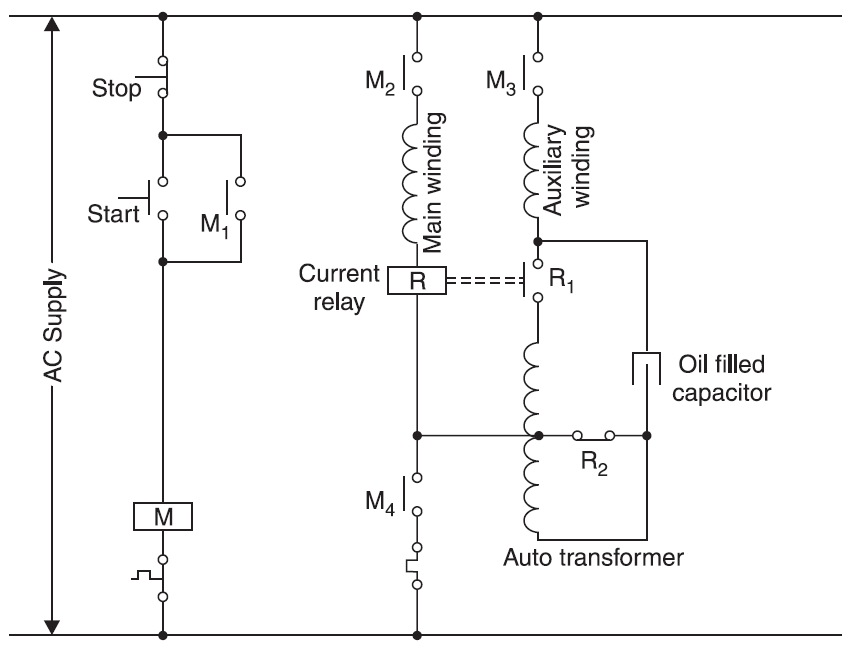 STARTER FOR A TWO VALUE CAPACITOR MOTOR USING A CURRENT RELAY AND AN