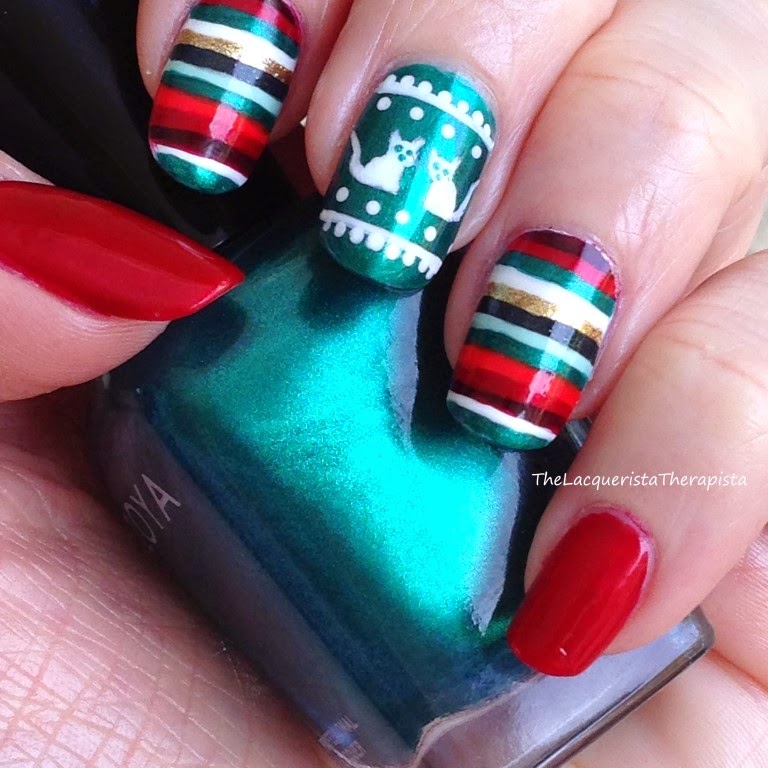 holiday; stripes; ugly sweater; cats; red; teal; christmas; cat; sweater; mani; nail art