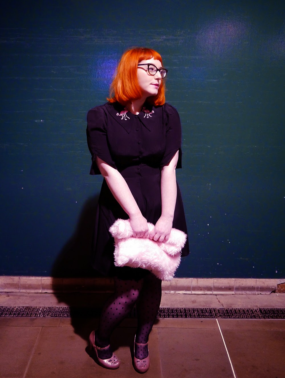 Helen's Party Outfit Party Outfit, what Helen wore, Flamingo Dress by Coco Fennell, Pink Fluffy Clutch, pink Clarks shoes, Polka Dot Tights, Scottish Blogger, Night out, Party