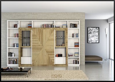 Modello 3d e rendering 3d Pareti attrezzate moderne per soggiorno / salotto, in legno 