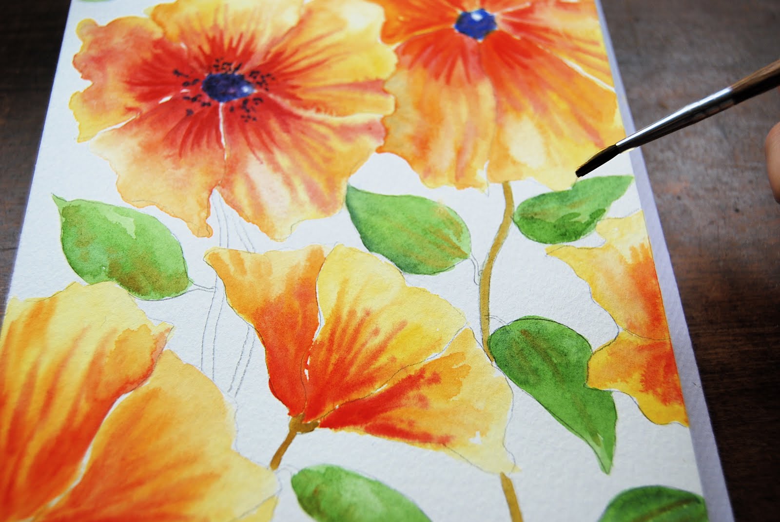 Painting in Trees Orange Flowers Tutorial Part 2 Stems and Leaves