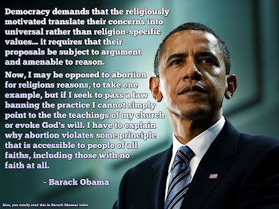 Obama photo with quote explaining that religions need to make their cases in secular society