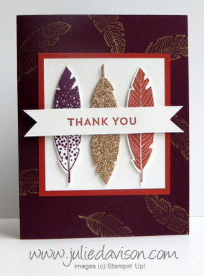 Stampin' Up! Four Feathers Thank You Card #stampinup www.juliedavison.com