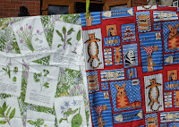 fabric with cats; fabric with herb plants