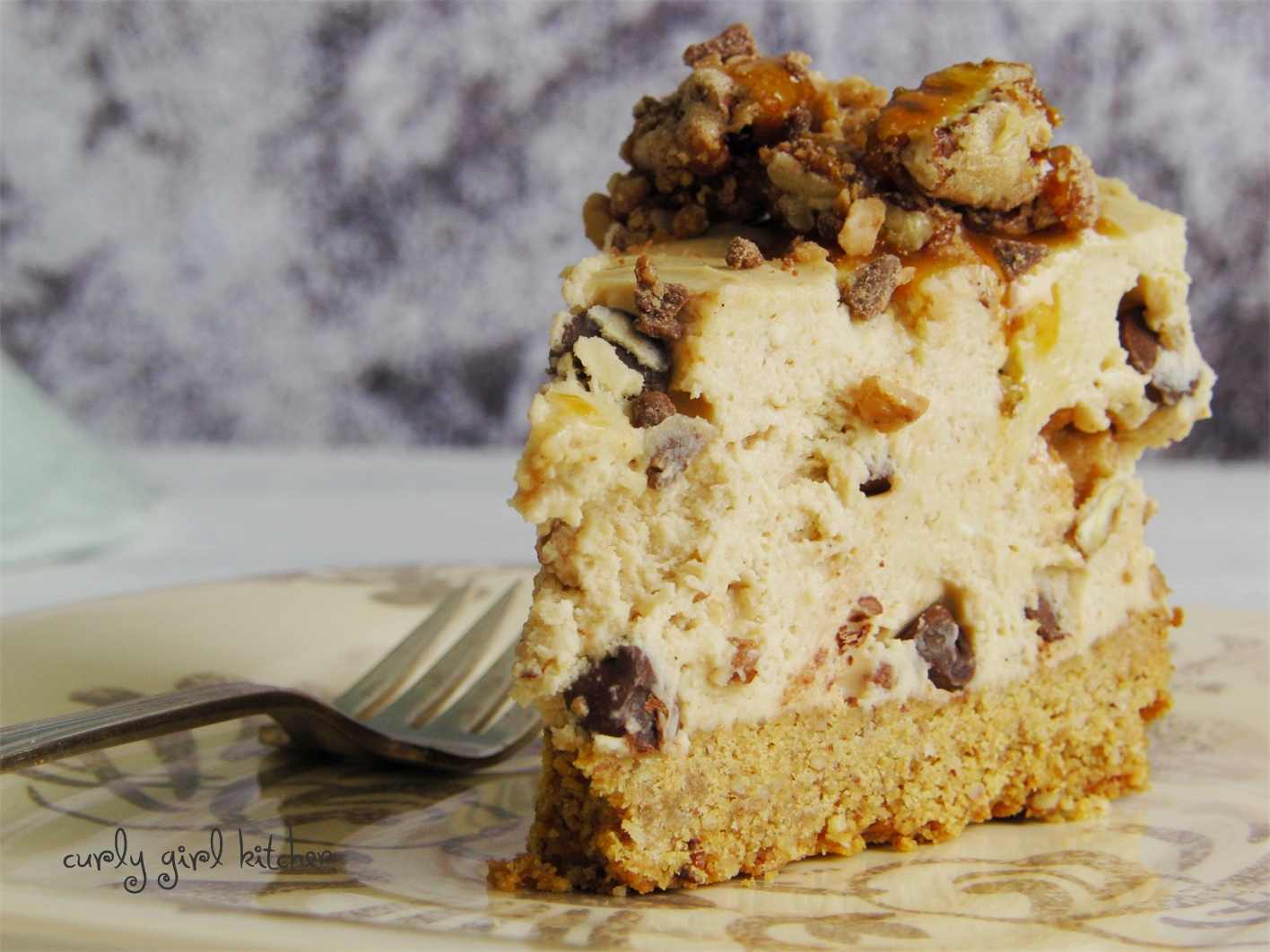 Chocolate Chip Cookie Dough Cheesecake with Salted Candied Pecans