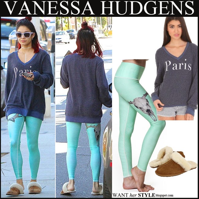 What She Wore Vanessa Hudgens In Blue Paris Print Sweater With Turquoise Leggings And Slippers In West Hollywood On November 4 I Want Her Style What Celebrities Wore And Where