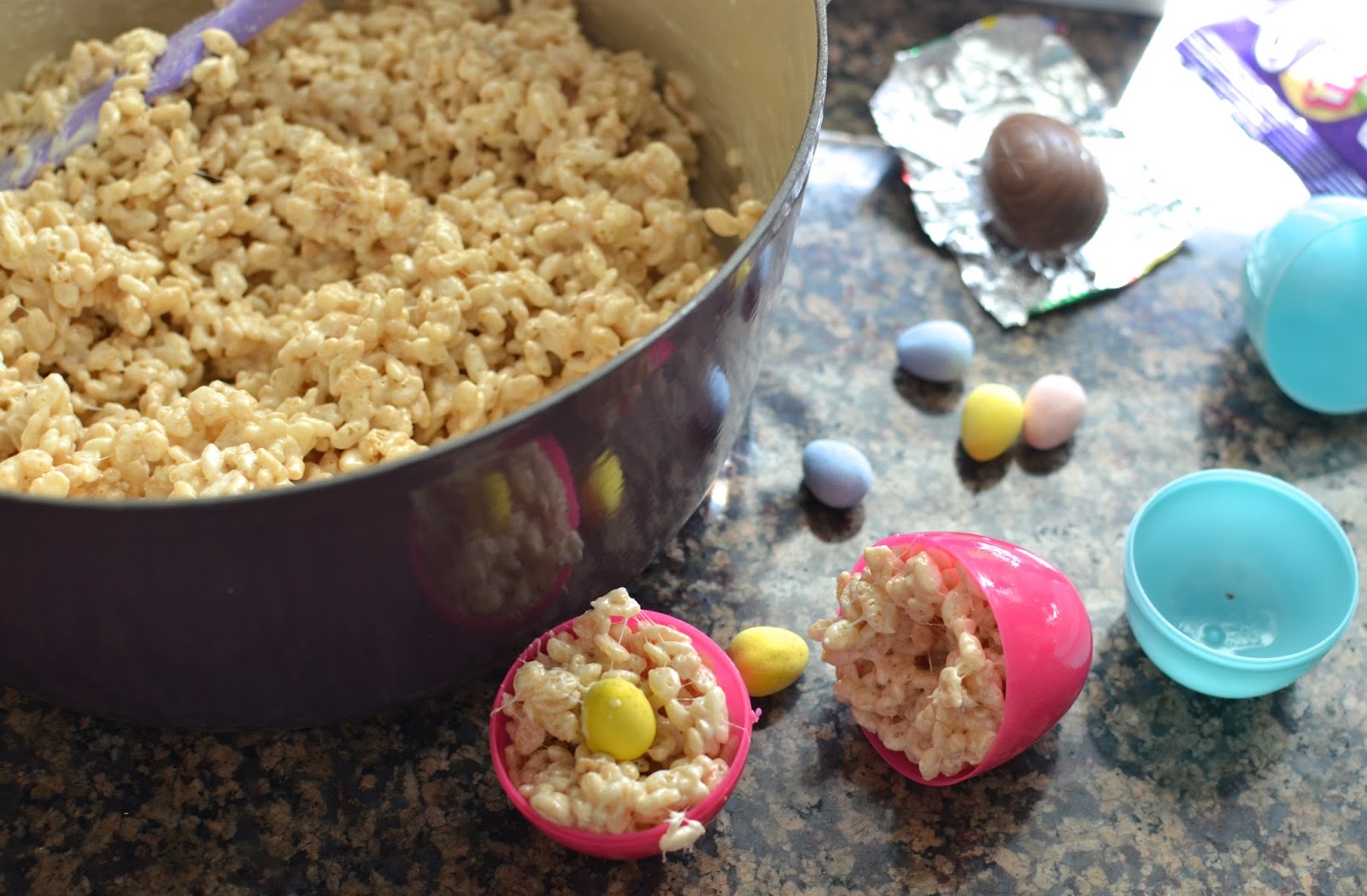 Playing with Flour Rice Krispies Easter eggs