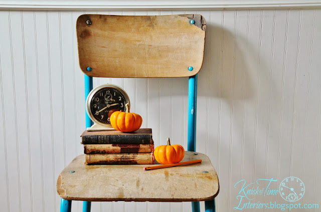 Mid-Century Antique Aqua Wooden School Chair Antique Clock Autumn Display via Knick of Time Mid-Century Antique Aqua Wooden School Chair Antique Clock Autumn Display via Knick of Time