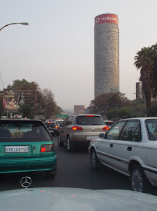 Peak traffic while driving in Mercedes taxi from Johannesburg zoo to "G & G Guesthouse in Bertrams.