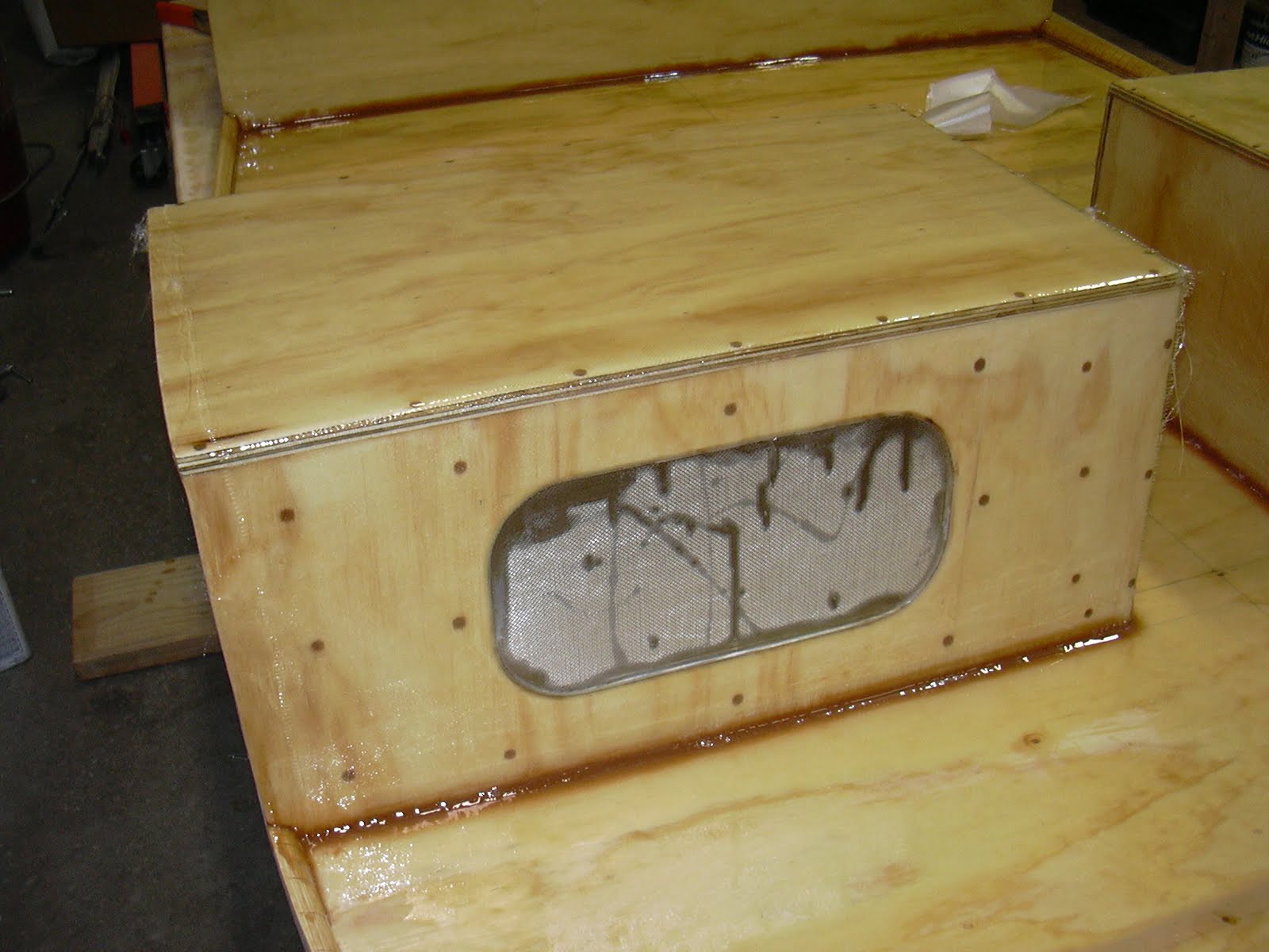 Todd's MiniTug Boat Building Journal Front Seat Boxes Fiberglassed