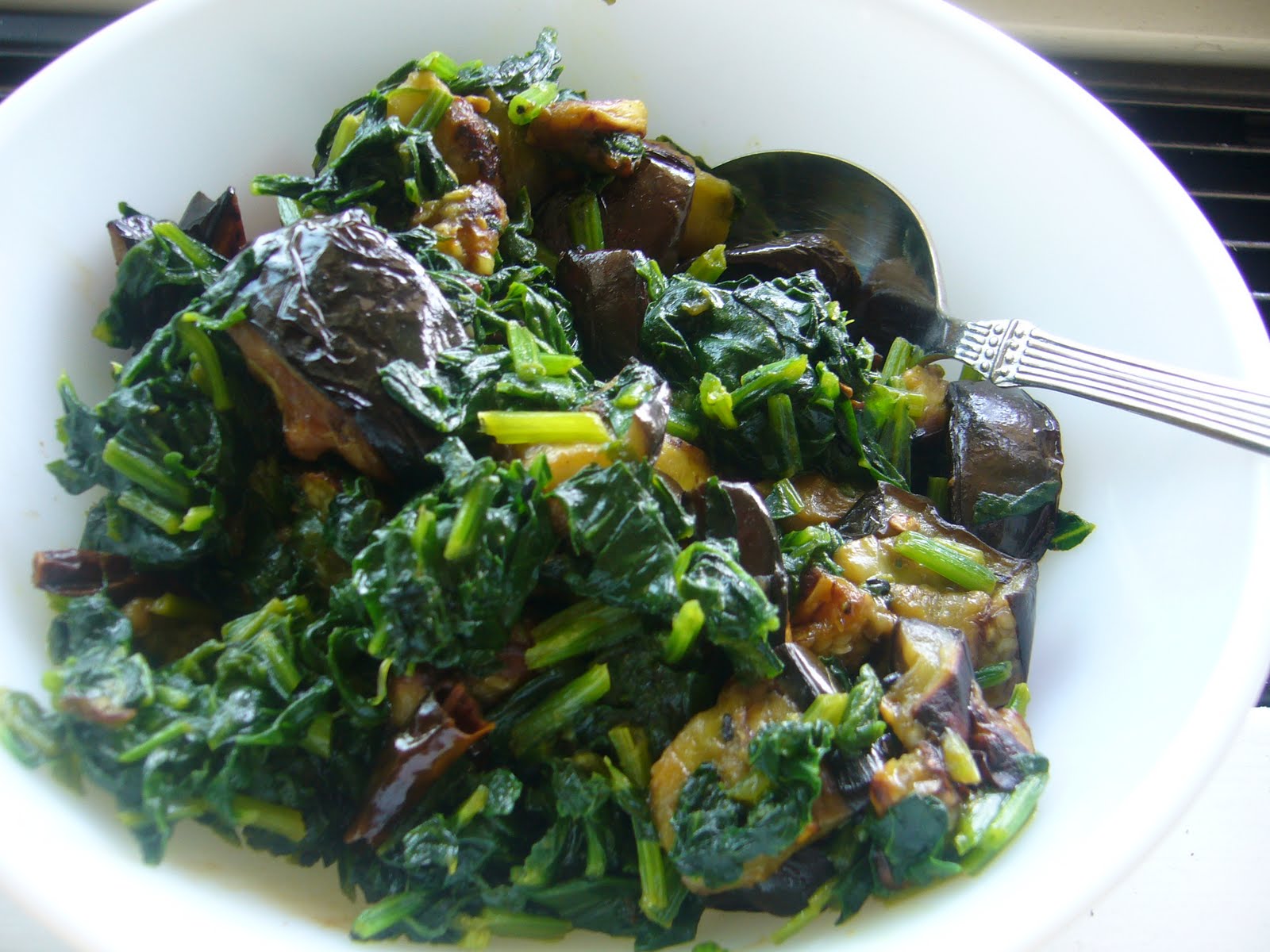 Stir fried eggplant with spinach