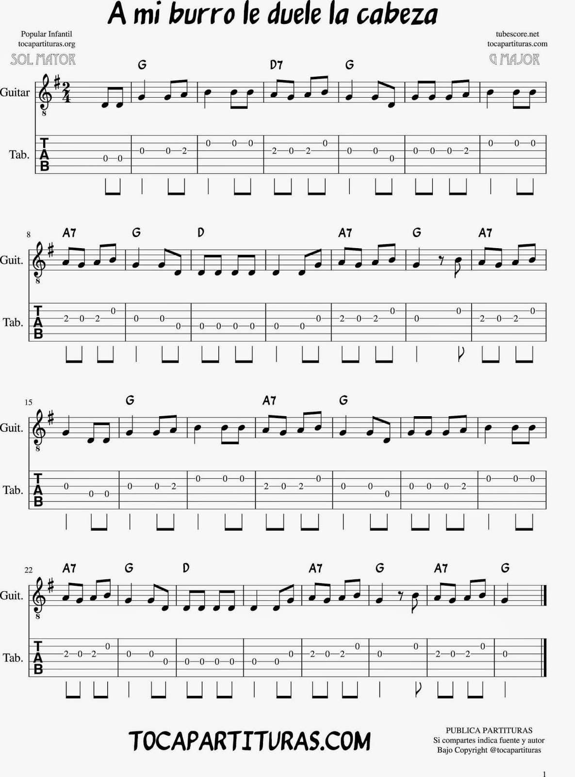 Tubescore My Donkey Tablature Sheet Music for Guitar in key G Major Popular Music Score for Kids Tab with Chords