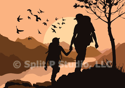 mountain hiking vector art, male and female mountain hikers