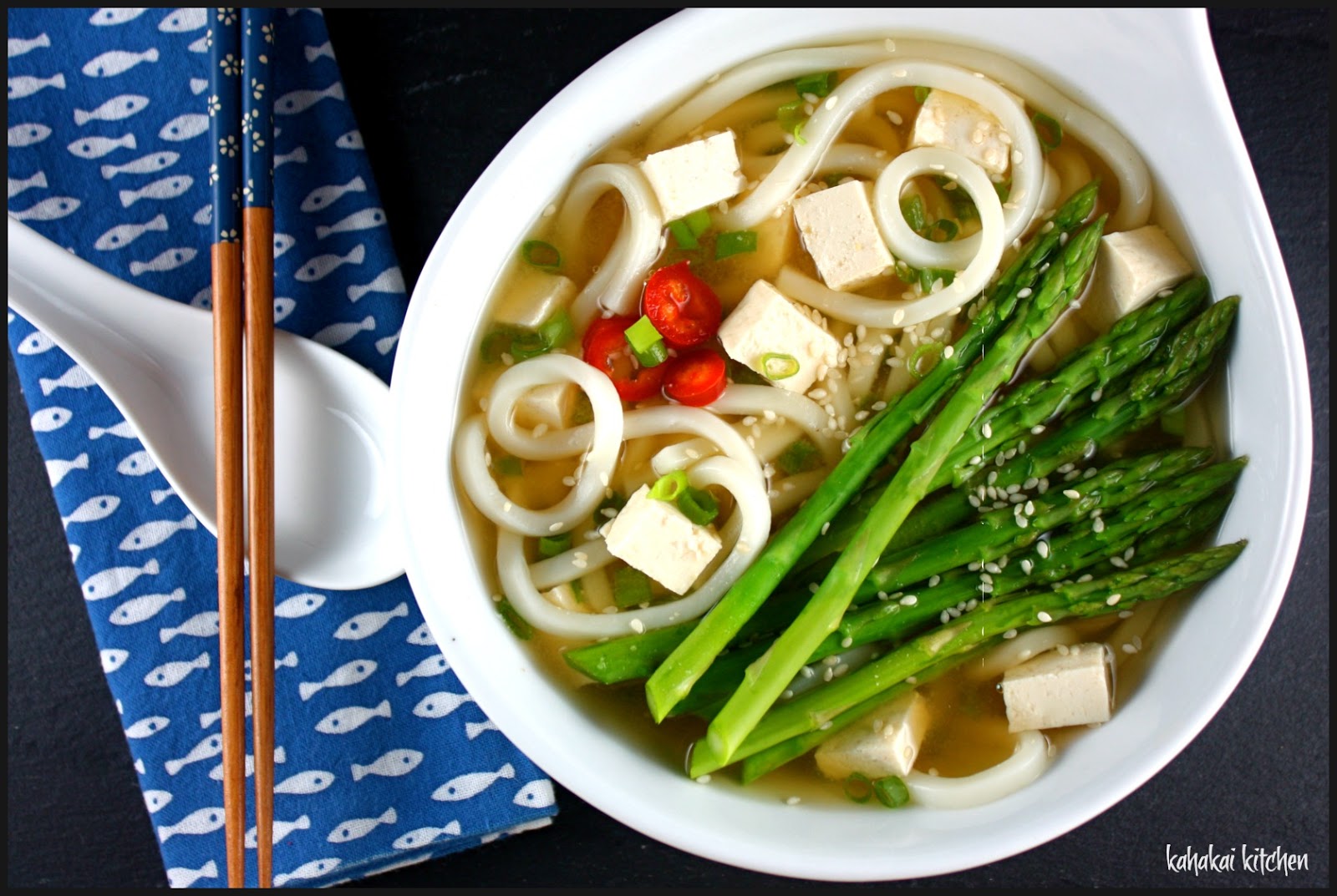Kahakai Kitchen Udon Noodles with Tofu & Asparagus in Miso Broth for