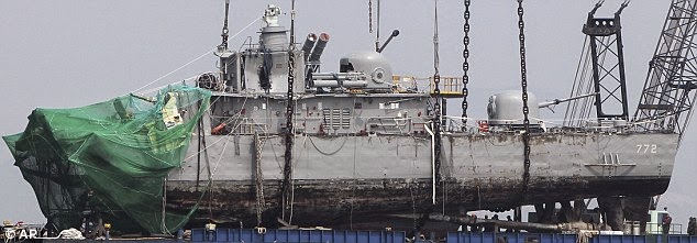 Salvaged 1,200-ton Cheonan 772 took a torpedo.
