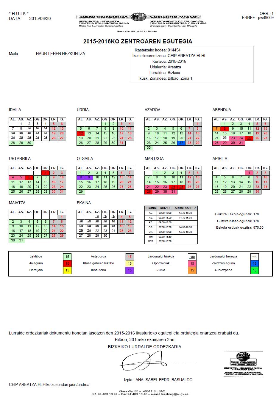 Eskola EGUTEGIA - CALENDARIO