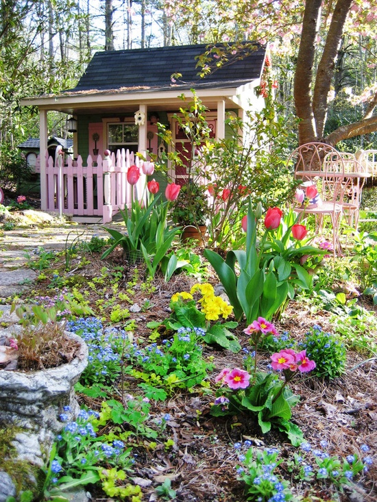 garden sheds charming shed cottage flower lady spring romantic cute path gardening source primroses gardens anne backyard ve patio porch
