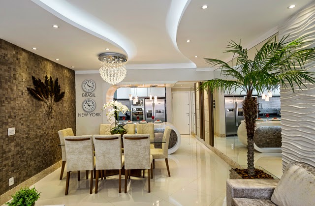 Sala De Jantar Branca De Luxo ~ com formas orgânicas e com iluminação de spots e com fita de Led Sala De Jantar Branca De Luxo ~ com formas orgânicas e com iluminação de spots e com fita de Led