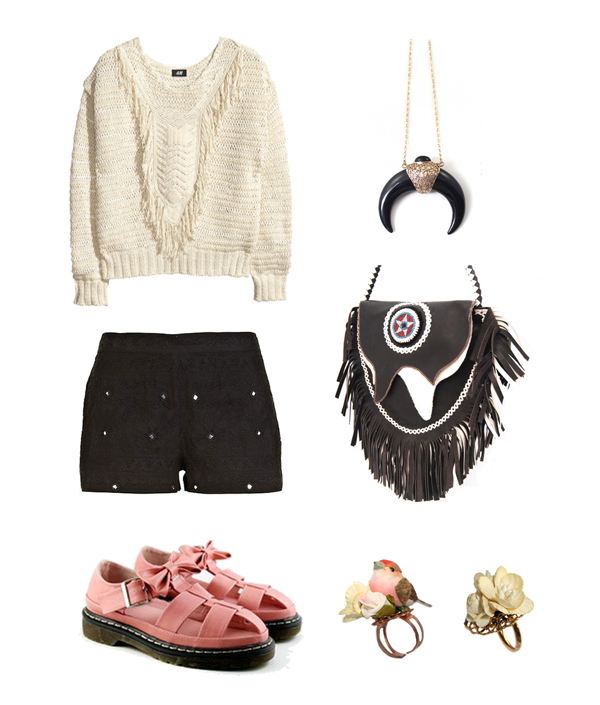 bird ring, roses and clementines bird ring, blossom ring, bow sandals, pink bow sandals, black embroidered mirror shorts, tassel sweater, tassel jumper, tassel bag