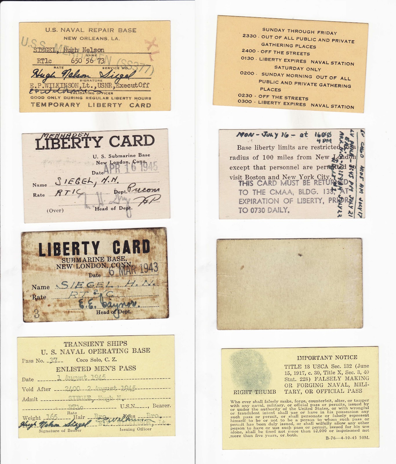 GRANDPA'S NAVY Liberty cards, leave passes and meal tickets