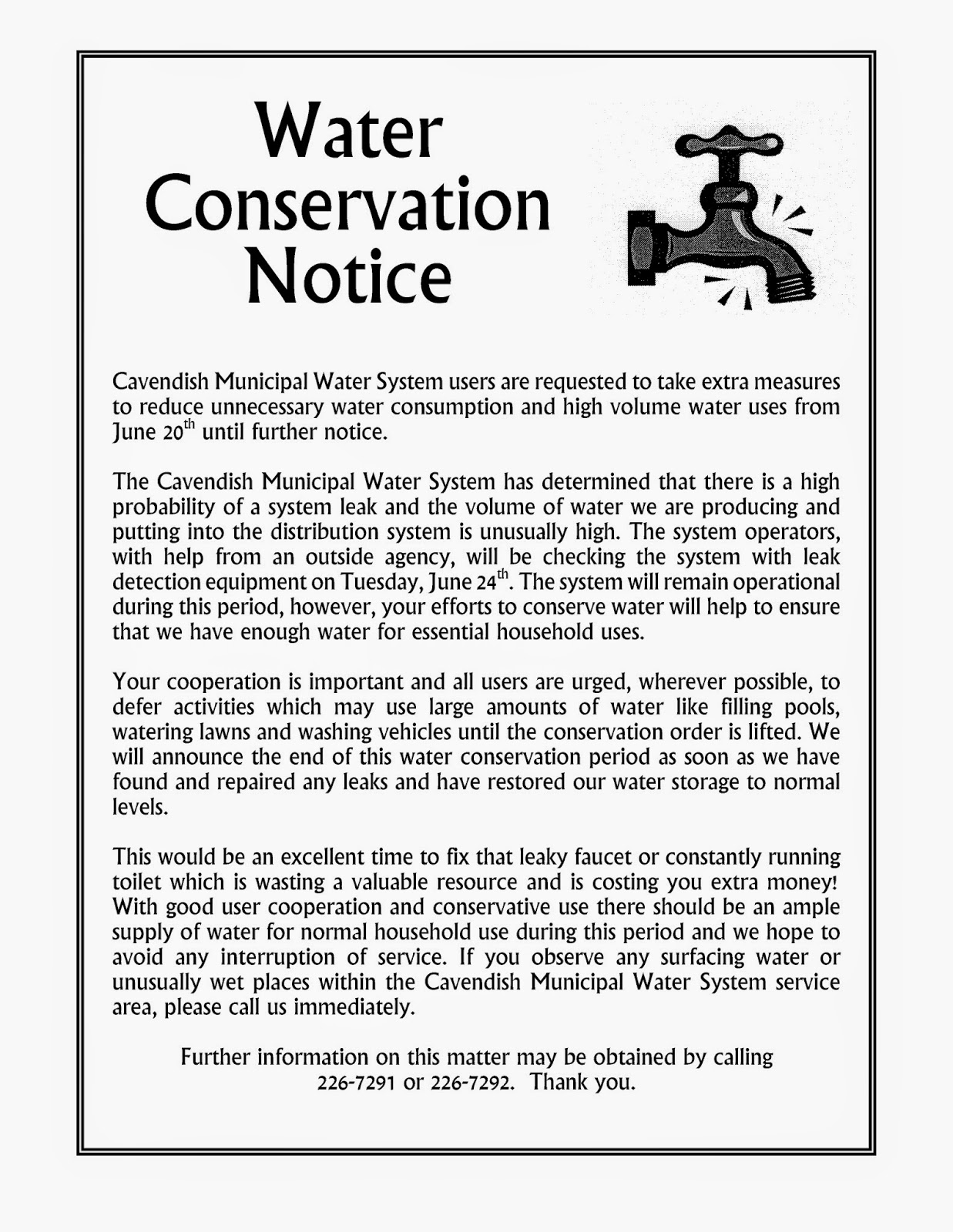 Cavendish VT Blog Water Conservation Notice