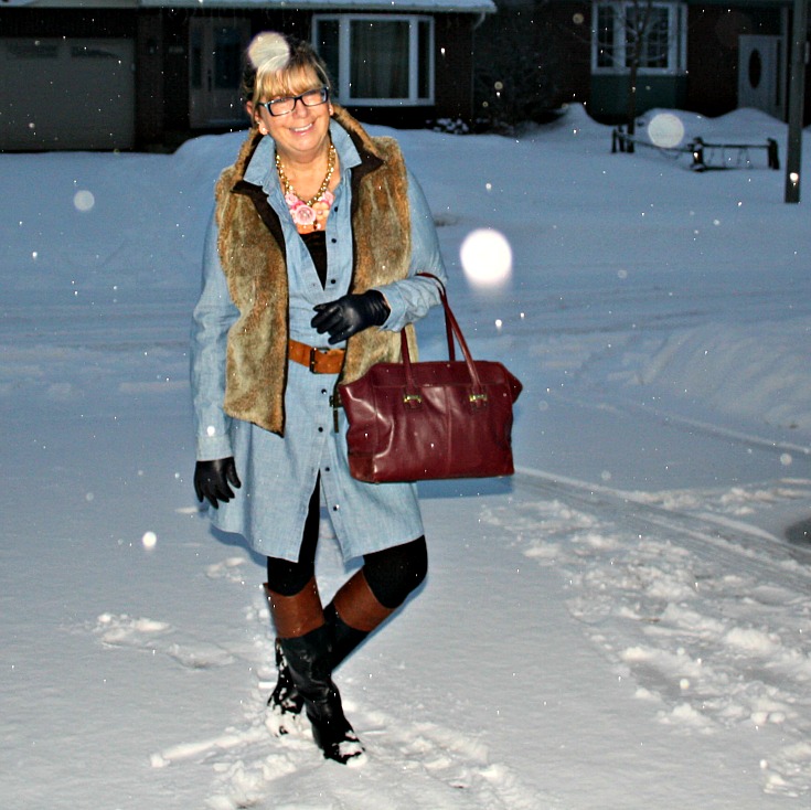 Old Navy Chambray Shirt Dress,Gap  Fur Vest and Target Two tone boots, with a Coach Bag
