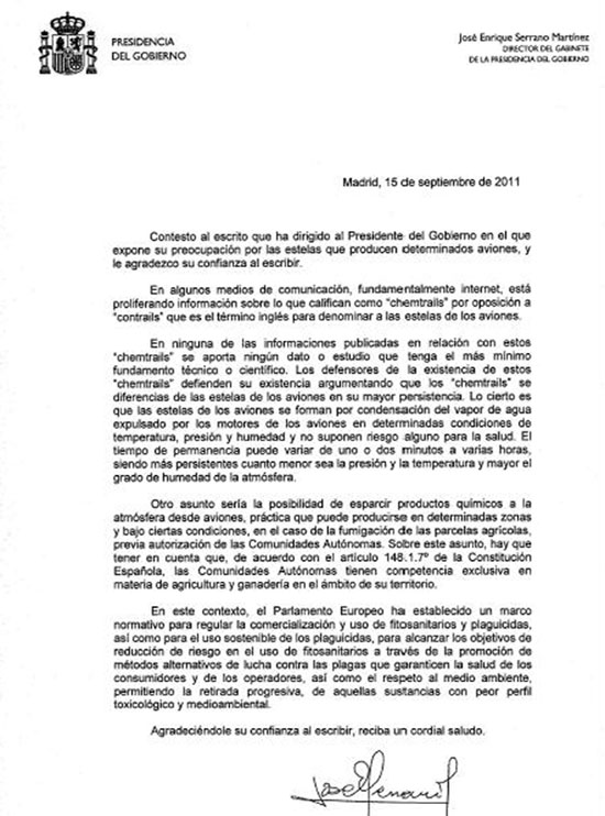 Respuesta del Gobierno español a ciudadanos que han pedido explicaciones sobre los chemtrails Respuesta+sobre+chemtrails+gobierno+Jose+Enrique+Serrano+Martinez+2