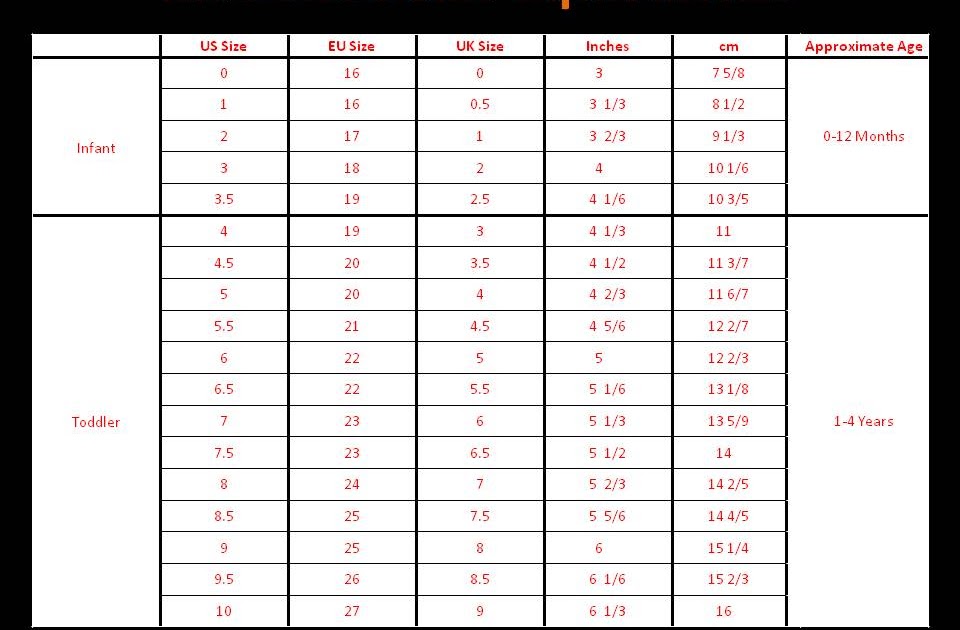 QatiQue cLoSet Childrens Shoe Size Chart