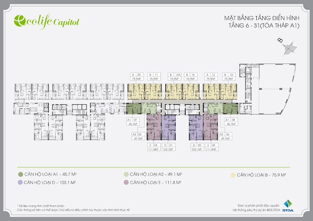 Mặt bằng căn hộ tầng 6- 32 dự án chung cư Ecolife Capitol 