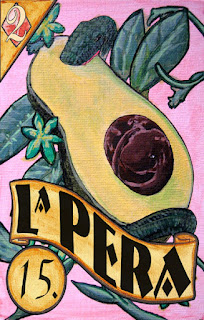 An alligator pear is featured in this painting of a loteria card used for tarot divination and fortune telling