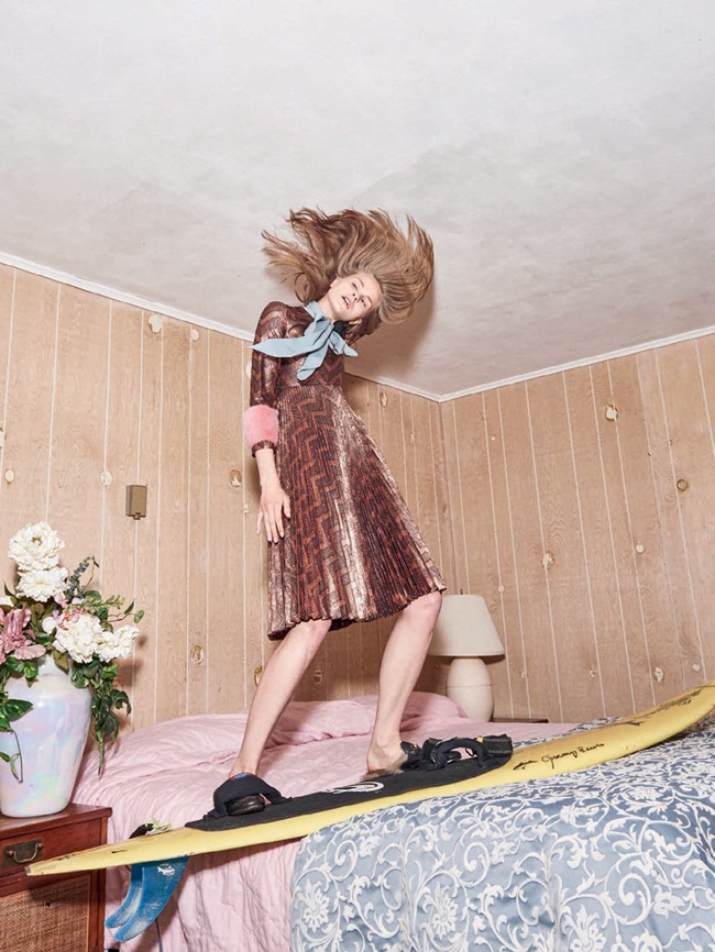 Vogue Brazil August 2015, Avery Blanchard Gucci 2015 AW Zig-zag Lurex Plissé Dress Editorials