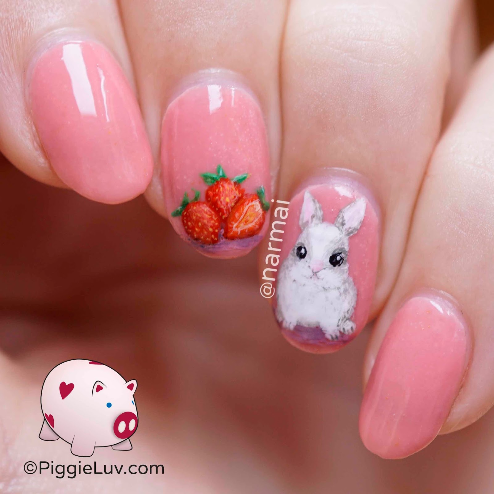 PiggieLuv Freehand strawberry bunny nail art