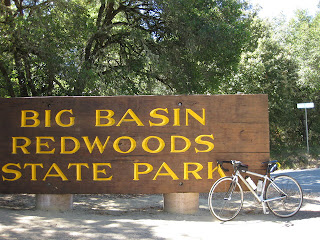 Big Basin Redwoods State Park sign at the top of China Grade