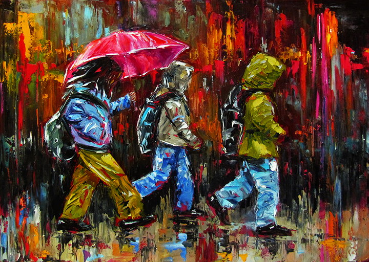 Debra Hurd Original Paintings AND Jazz Art: Children in rain painting
