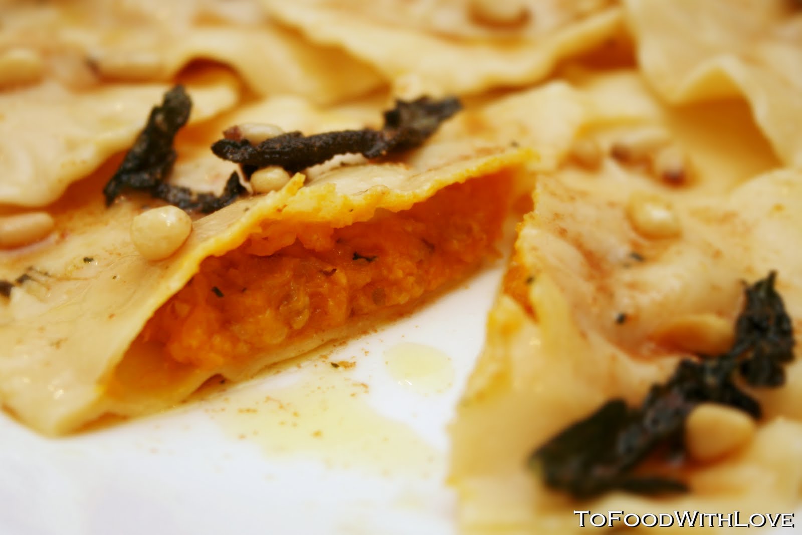 To Food with Love Pumpkin Ravioli with Burnt Butter, Crispy Sage and Toasted Pinenuts