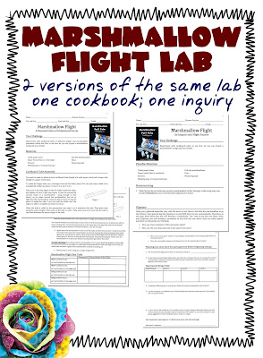 Marshmallow Flight Lab: STEM Mom offers two versions of this lab, one that introduces the scientific method to students, and a second that allows students to develop an experiment on their own. FREE printable.  