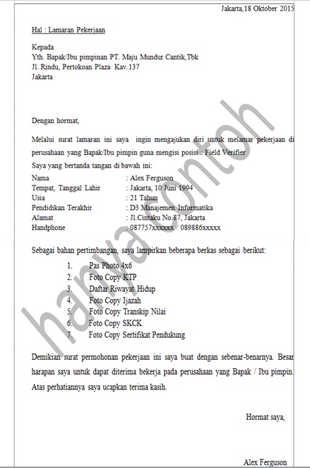 Contoh Surat Lamaran Pekerjaan Hendraberbagi