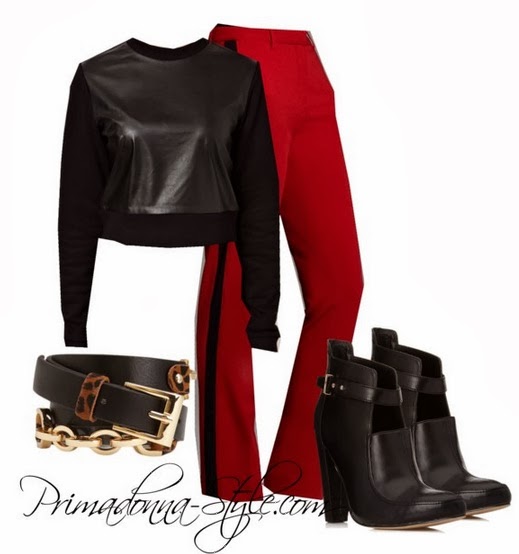 Asos Sweater in Leather Look Narcisco Rodriguez for DesigNation Crepe Tuxedo Pants (Similar Option 1 & Option 2) Forever 21 Standout Faux Leather Booties (no longer available) Luxe Leopard Hip Belt Forever 21 Earrings (old) 