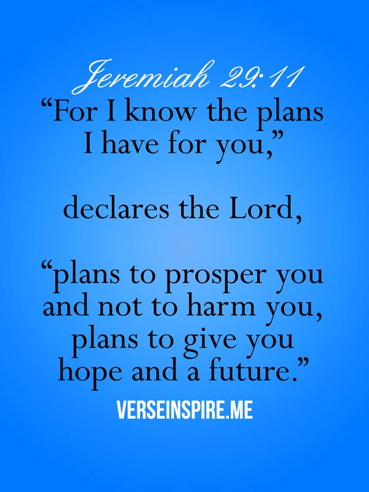 Jeremiah 29:!1 "For I know the plans I have for you," declares the Lord