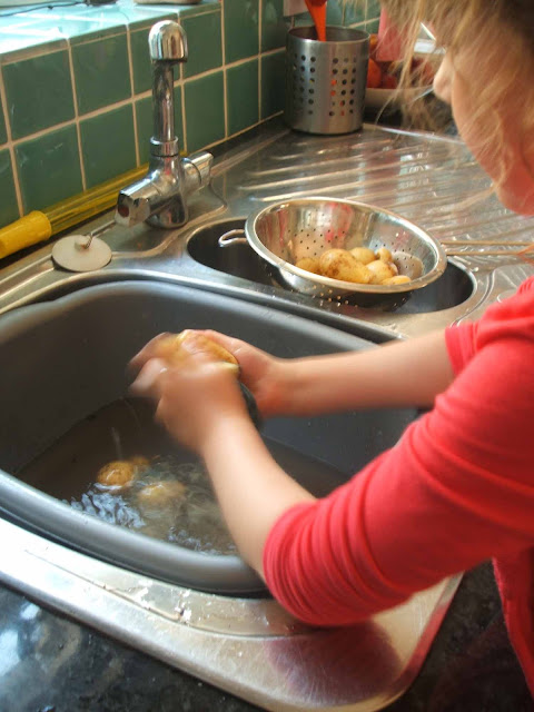 washing new potatoes dug up from allotment