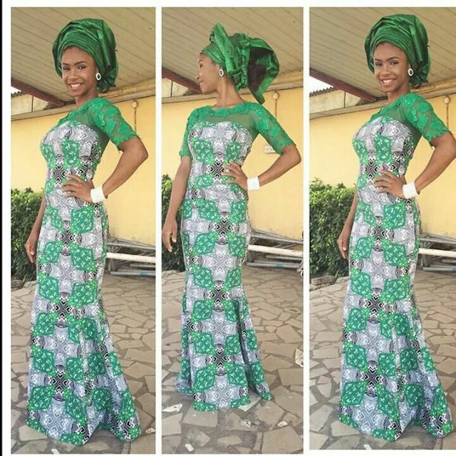 Green Ankara Fabric Mix With Lace Design - Debonke House Of Fashion
